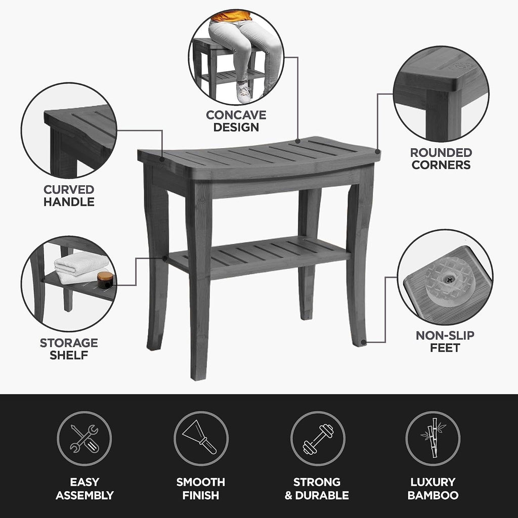 Banc de douche en bambou, tabouret de spa - Siège en bois à 2 niveaux, repose-pieds, tabouret de rasage avec pieds antidérapants et étagère de rangement
