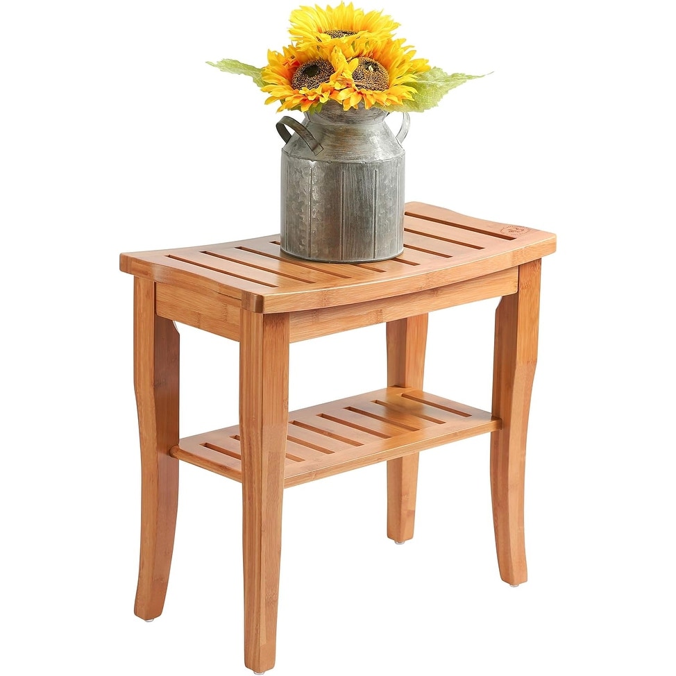 Banc de douche en bambou, tabouret de spa - Siège en bois à 2 niveaux, repose-pieds, tabouret de rasage avec pieds antidérapants et étagère de rangement