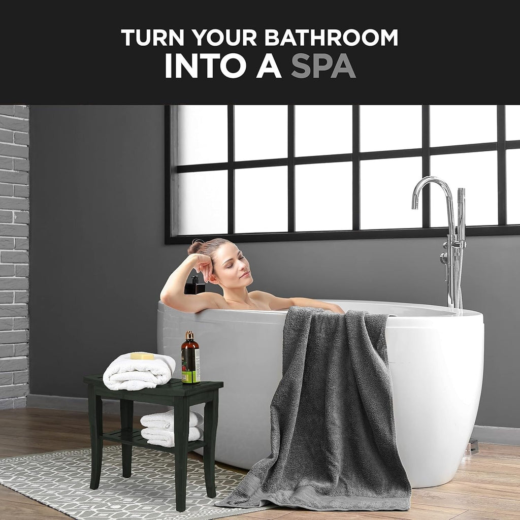 Banc de douche en bambou, tabouret de spa - Siège en bois à 2 niveaux, repose-pieds, tabouret de rasage avec pieds antidérapants et étagère de rangement