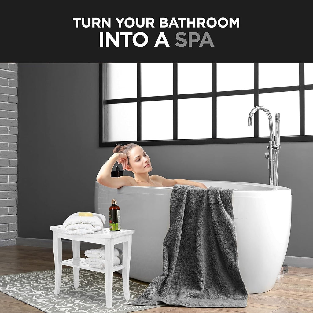 Banc de douche en bambou, tabouret de spa - Siège en bois à 2 niveaux, repose-pieds, tabouret de rasage avec pieds antidérapants et étagère de rangement