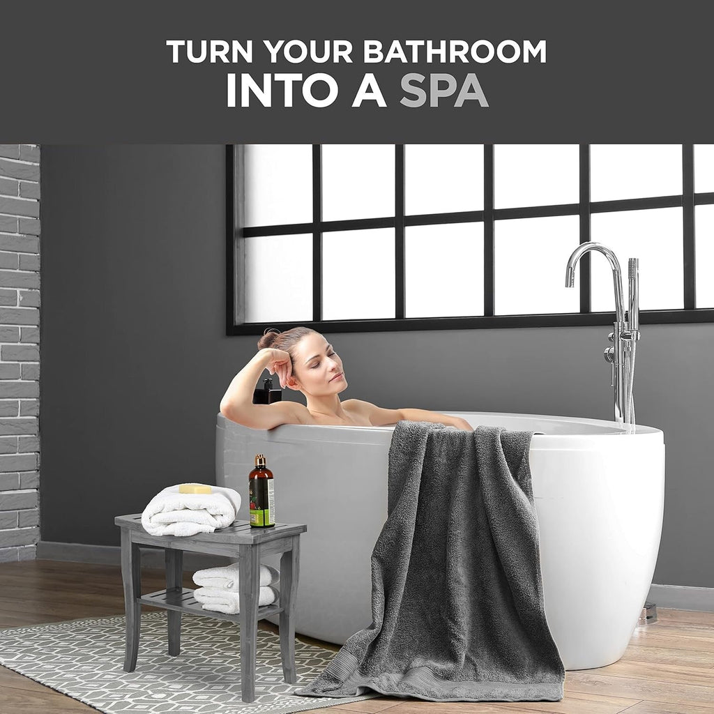 Banc de douche en bambou, tabouret de spa - Siège en bois à 2 niveaux, repose-pieds, tabouret de rasage avec pieds antidérapants et étagère de rangement