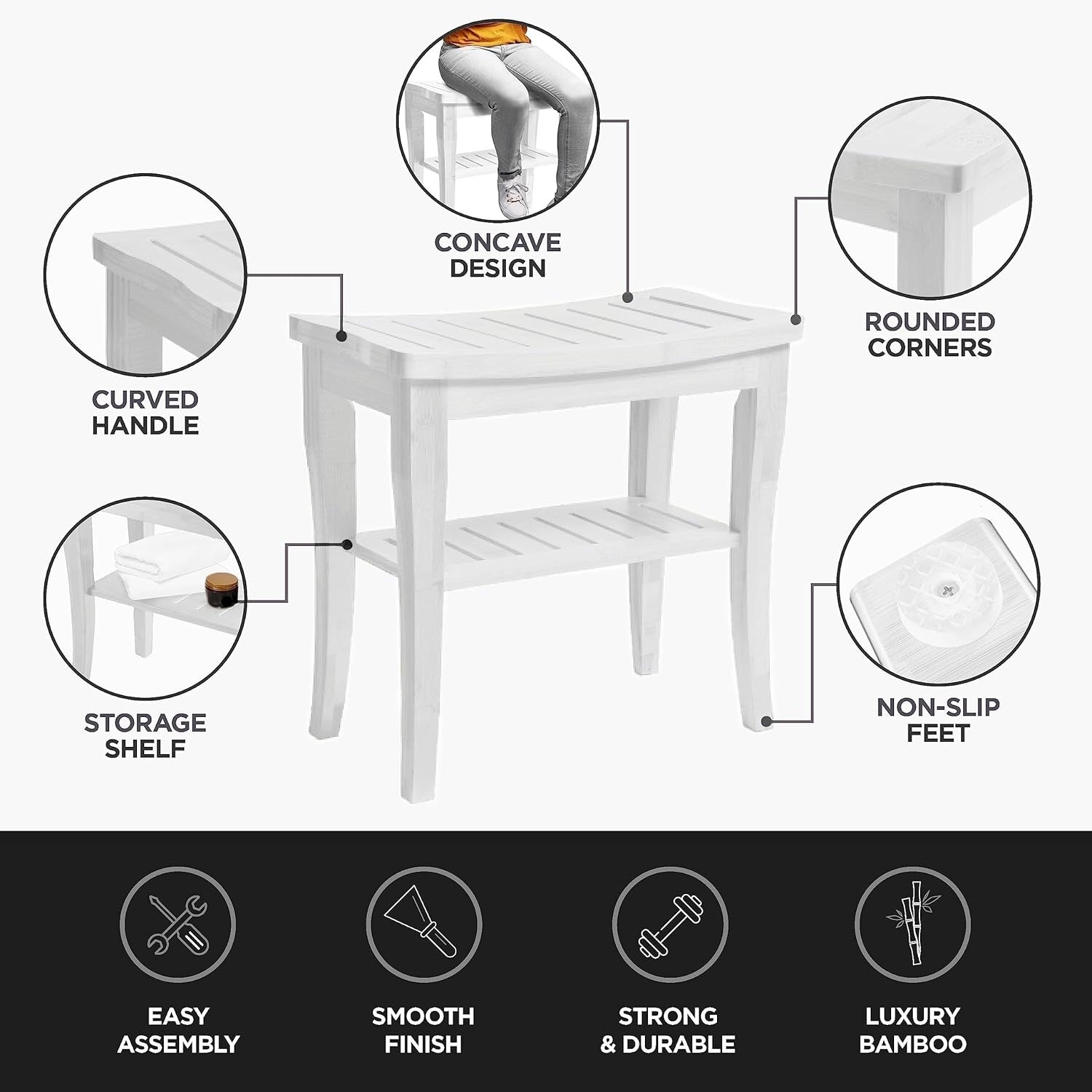 Banc de douche en bambou, tabouret de spa - Siège en bois à 2 niveaux, repose-pieds, tabouret de rasage avec pieds antidérapants et étagère de rangement