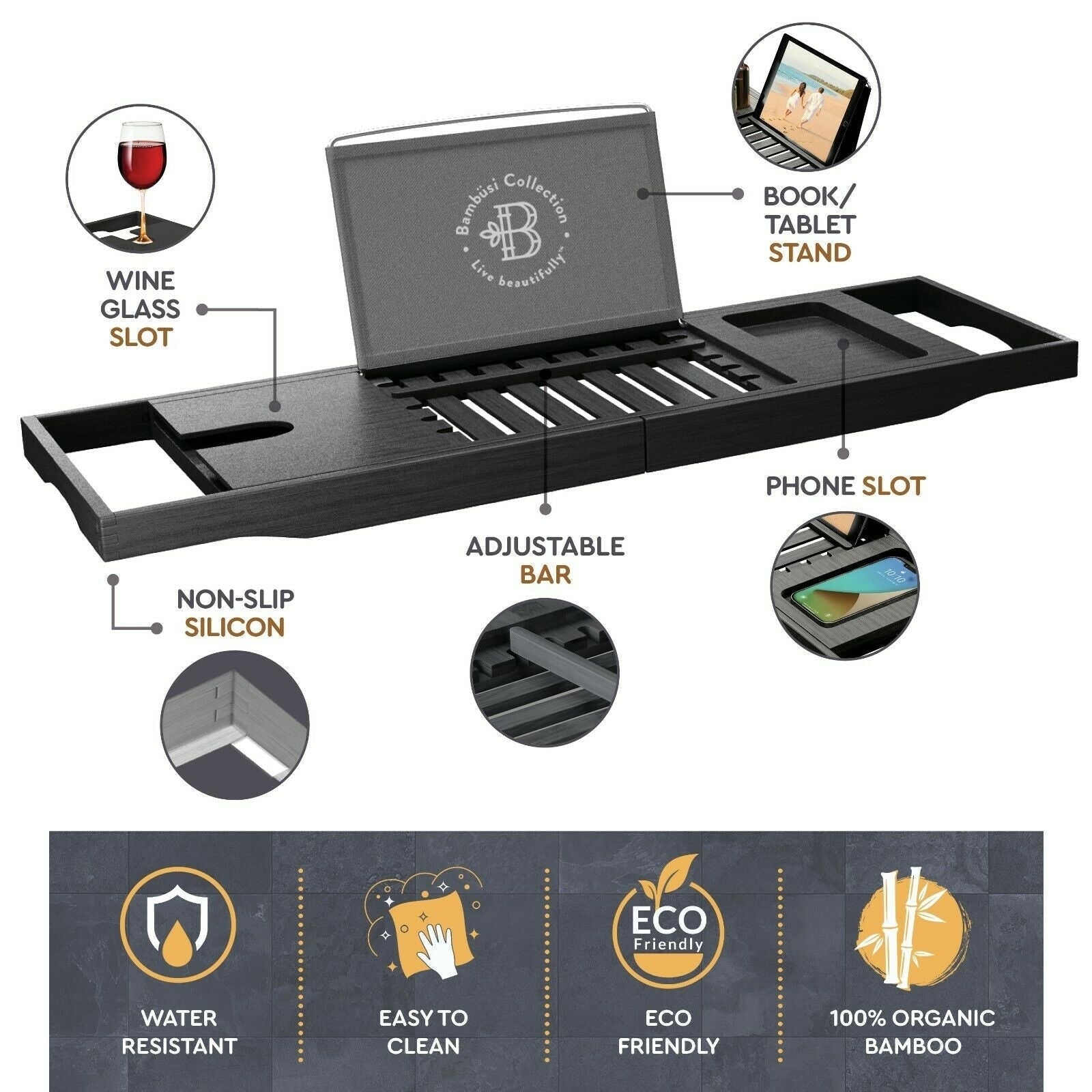 Plateau de baignoire en bambou réglable - Plateau de baignoire pliable en bois - Accessoires de bain