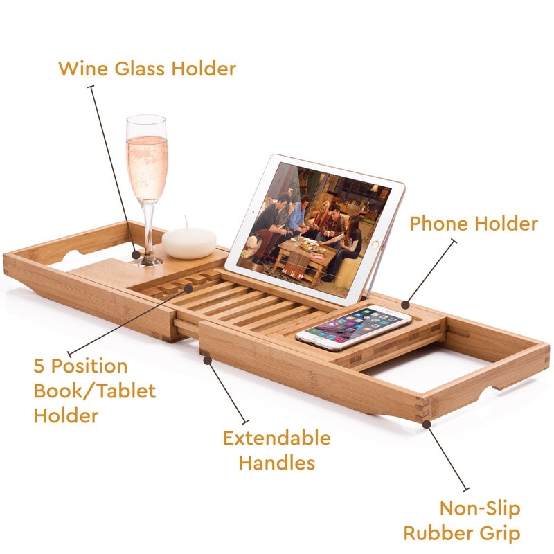 Plateau de baignoire en bambou réglable - Plateau de baignoire pliable en bois - Accessoires de bain