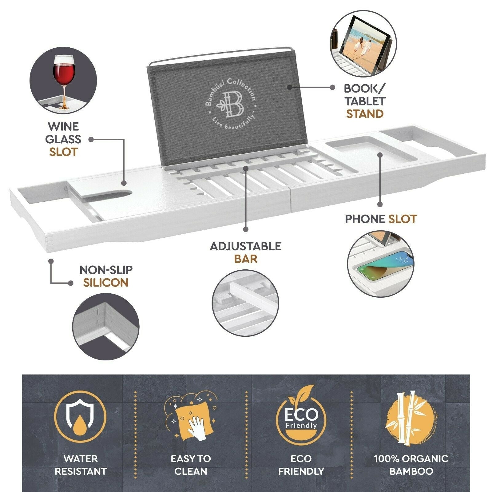 Plateau de baignoire en bambou réglable - Plateau de baignoire pliable en bois - Accessoires de bain