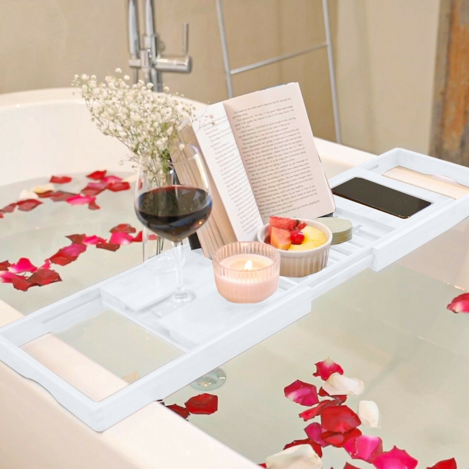 Plateau de baignoire en bambou réglable - Plateau de baignoire pliable en bois - Accessoires de bain