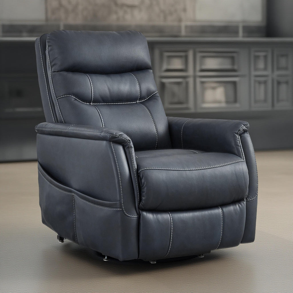 Fauteuil inclinable électrique Barrett, similicuir bleu marine, dossier coussiné