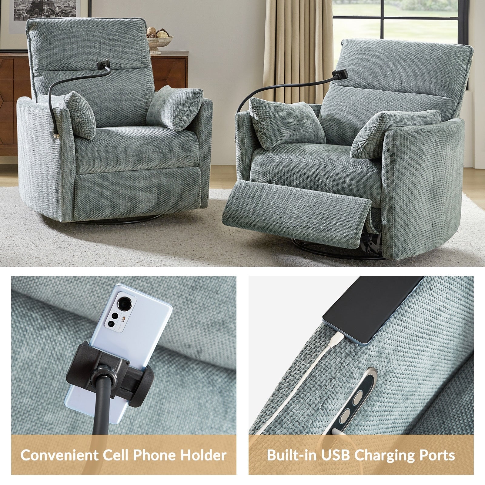 Fauteuil inclinable pivotant et électrique Barry Modern 38 pouces avec ports USB par HULALA HOME