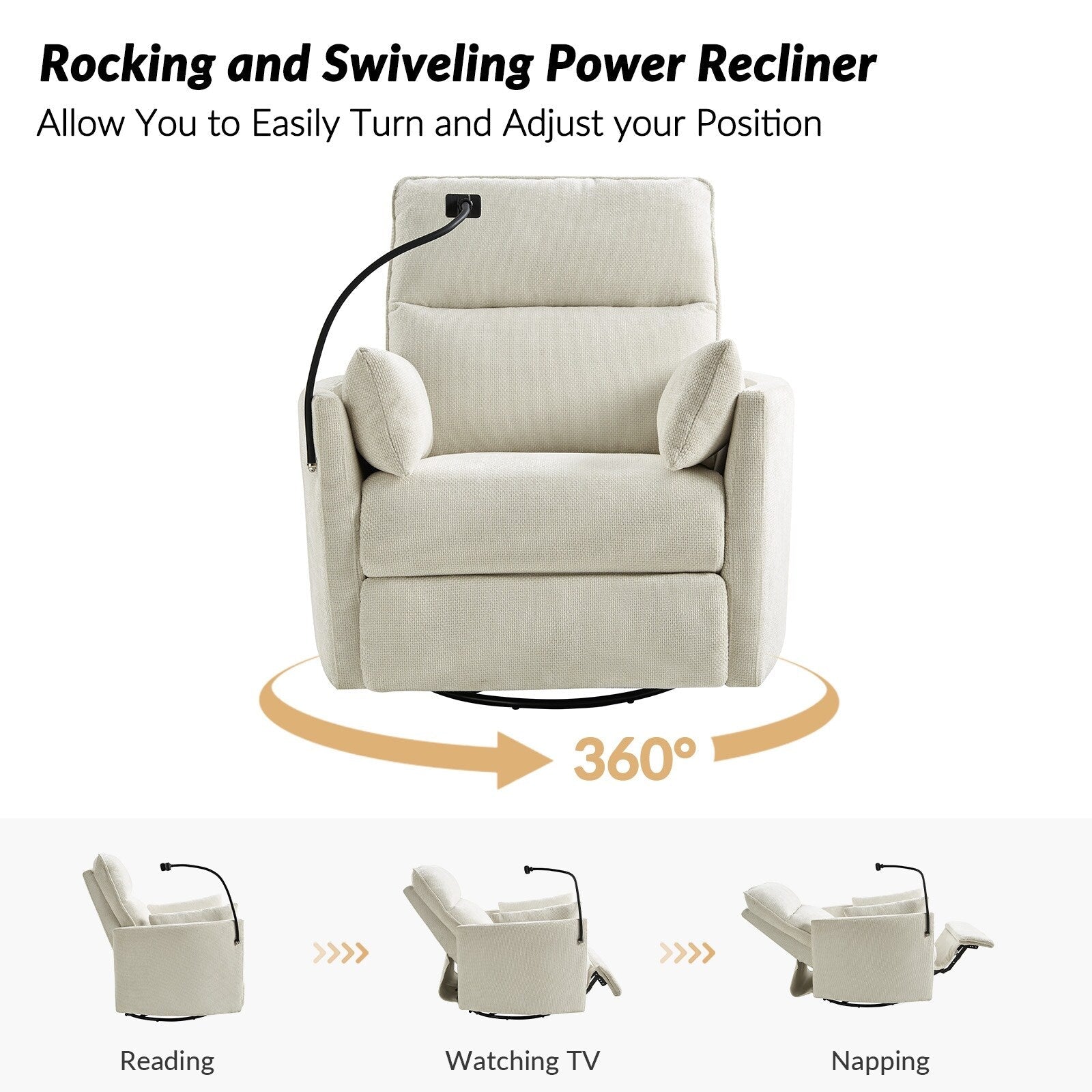 Fauteuil inclinable pivotant et électrique Barry Modern 38 pouces avec ports USB par HULALA HOME