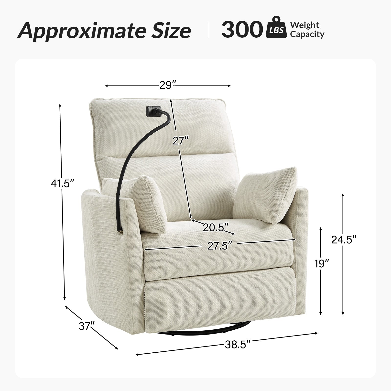 Fauteuil inclinable pivotant et électrique Barry Modern 38 pouces avec ports USB par HULALA HOME