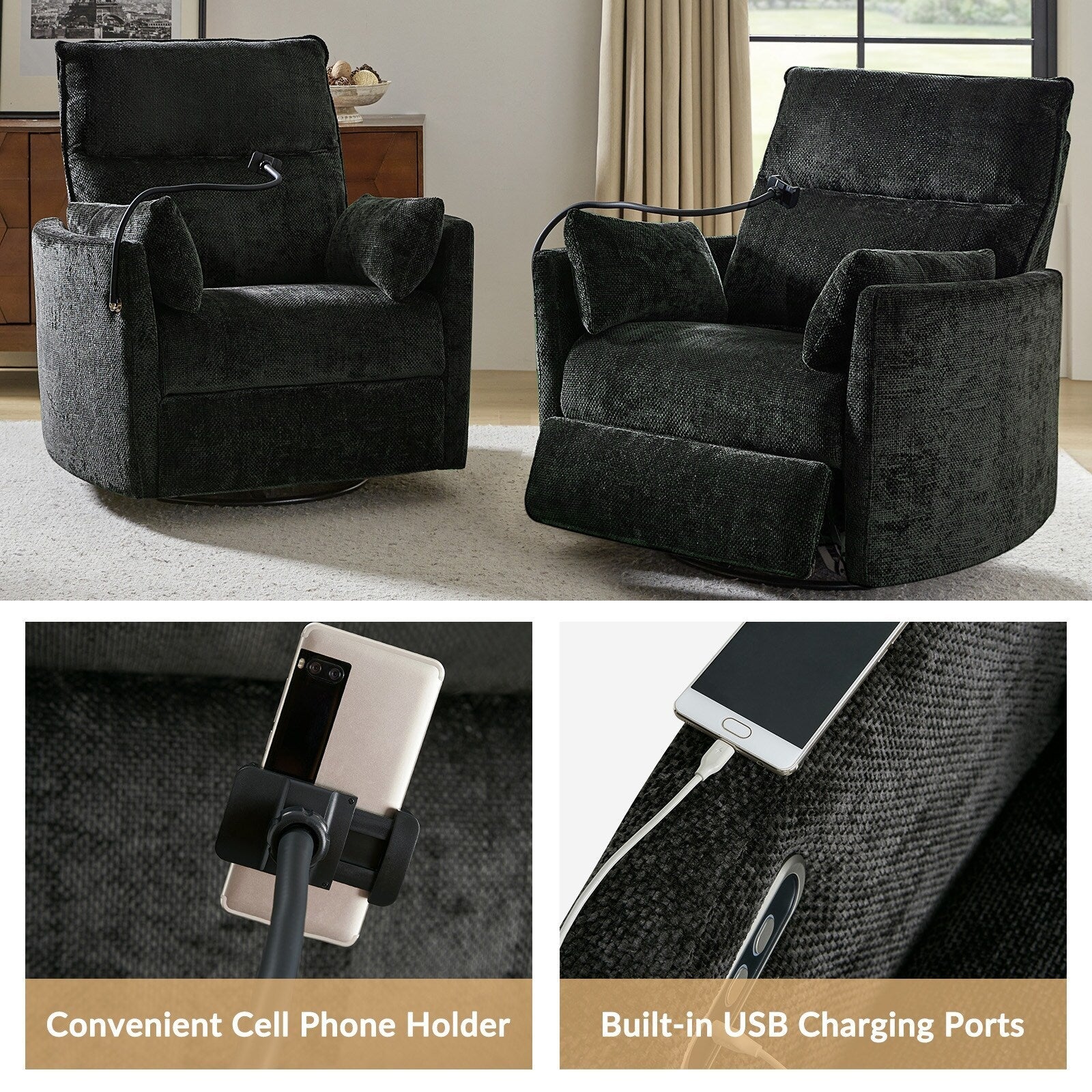 Fauteuil inclinable pivotant et électrique Barry Modern 38 pouces avec ports USB par HULALA HOME