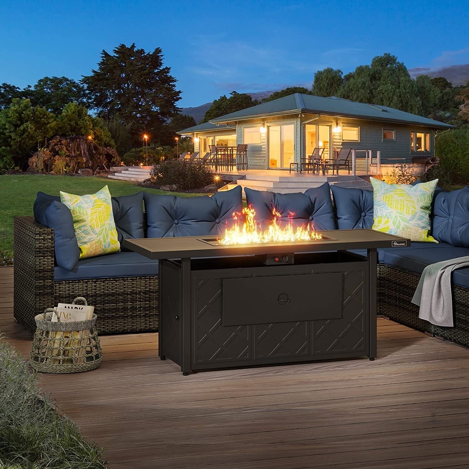 Ensemble de canapés de patio sectionnels en osier Bavorov 7 pièces bleu marine