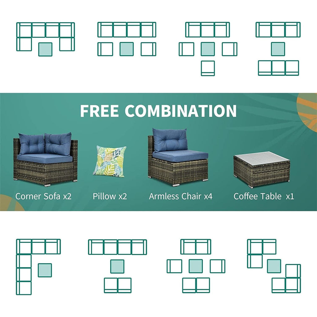 Ensemble de canapés de patio sectionnels en osier Bavorov 7 pièces bleu marine