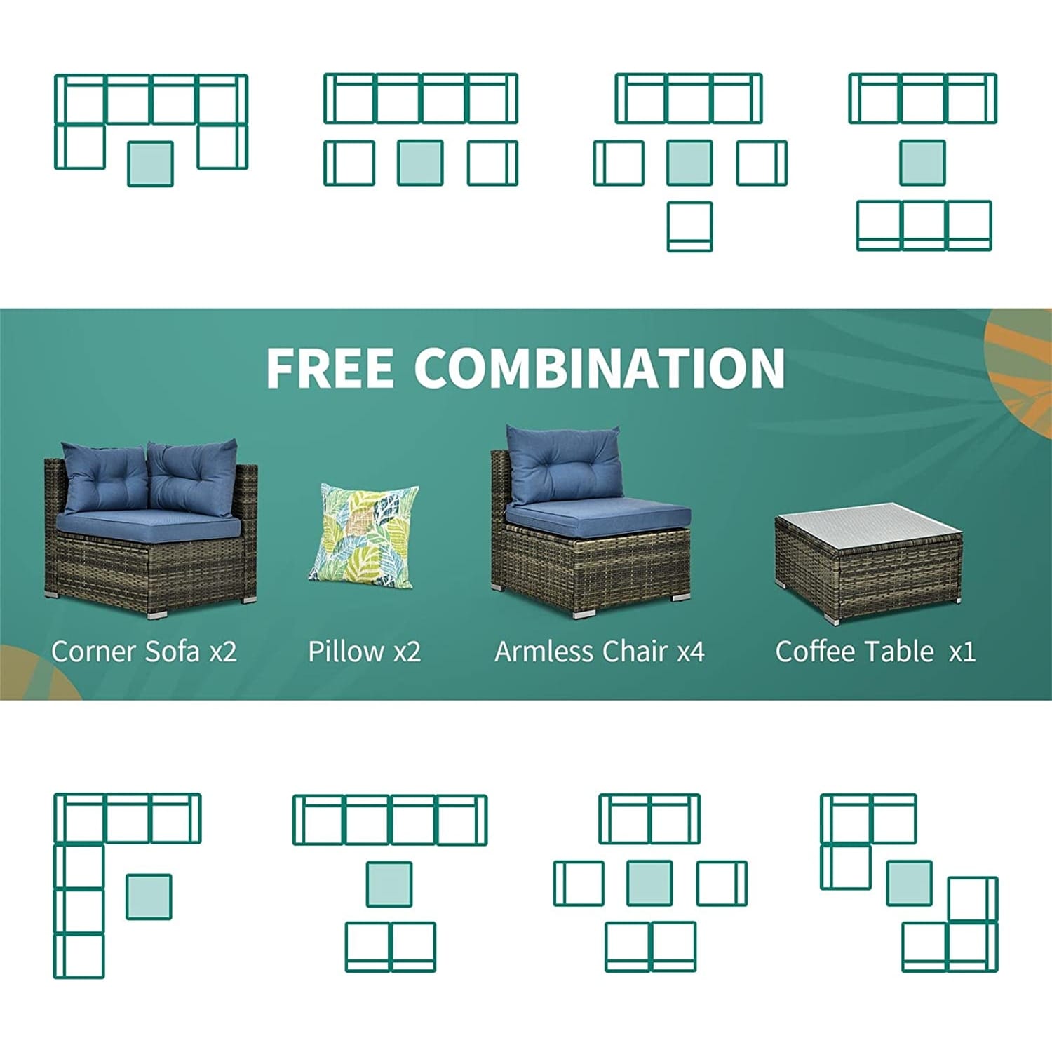 Ensemble de canapés de patio sectionnels en osier Bavorov 7 pièces bleu marine