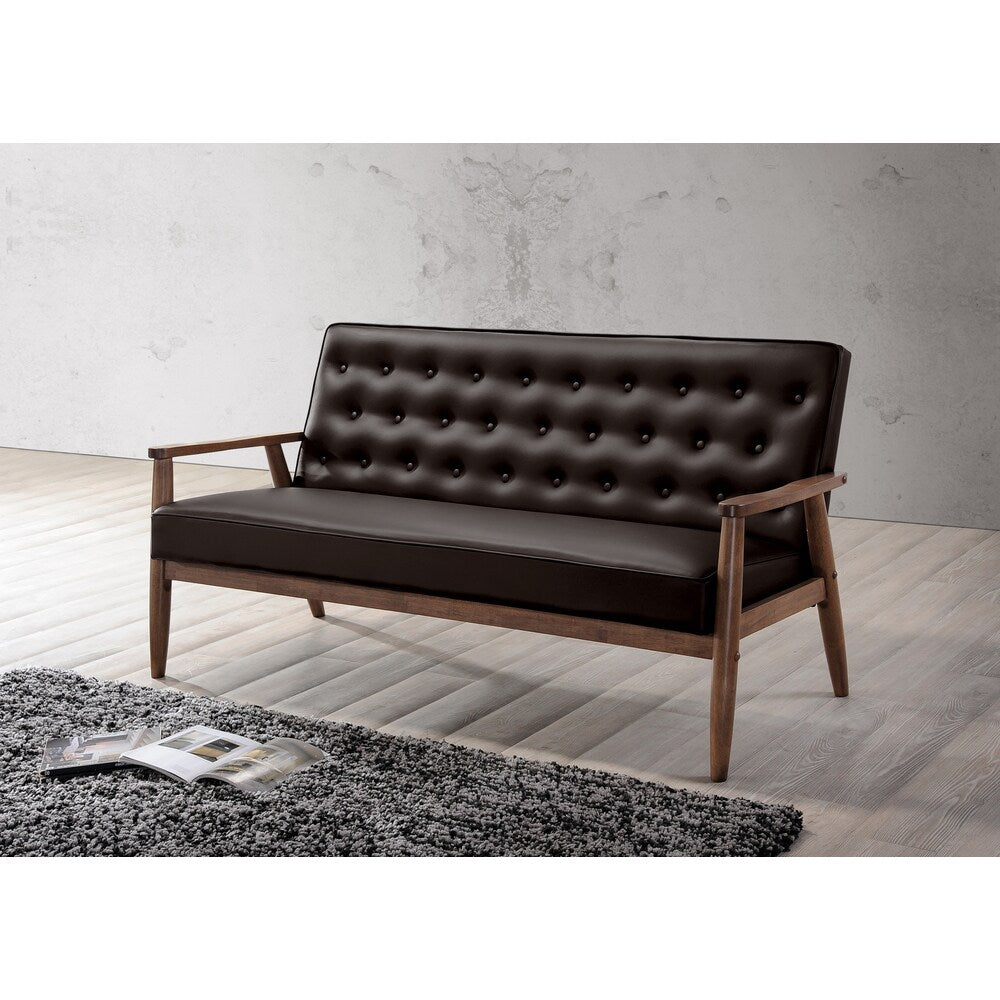 Canapé 3 places en bois rembourré en similicuir marron style rétro moderne du milieu du siècle de Baxton Studio Sorrento