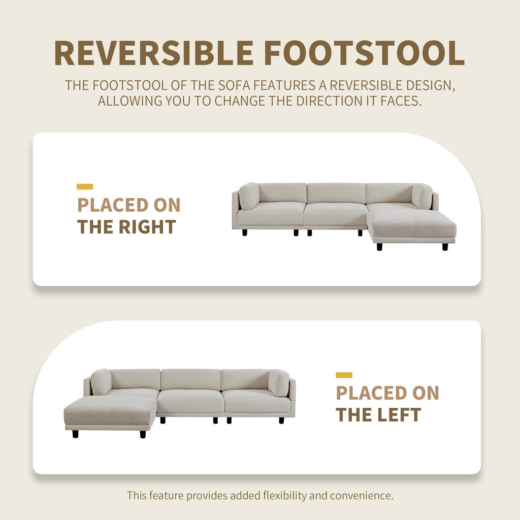 Canapé sectionnel beige en polyester en forme de L de 102,4 po avec repose-pieds réversible et pieds durables