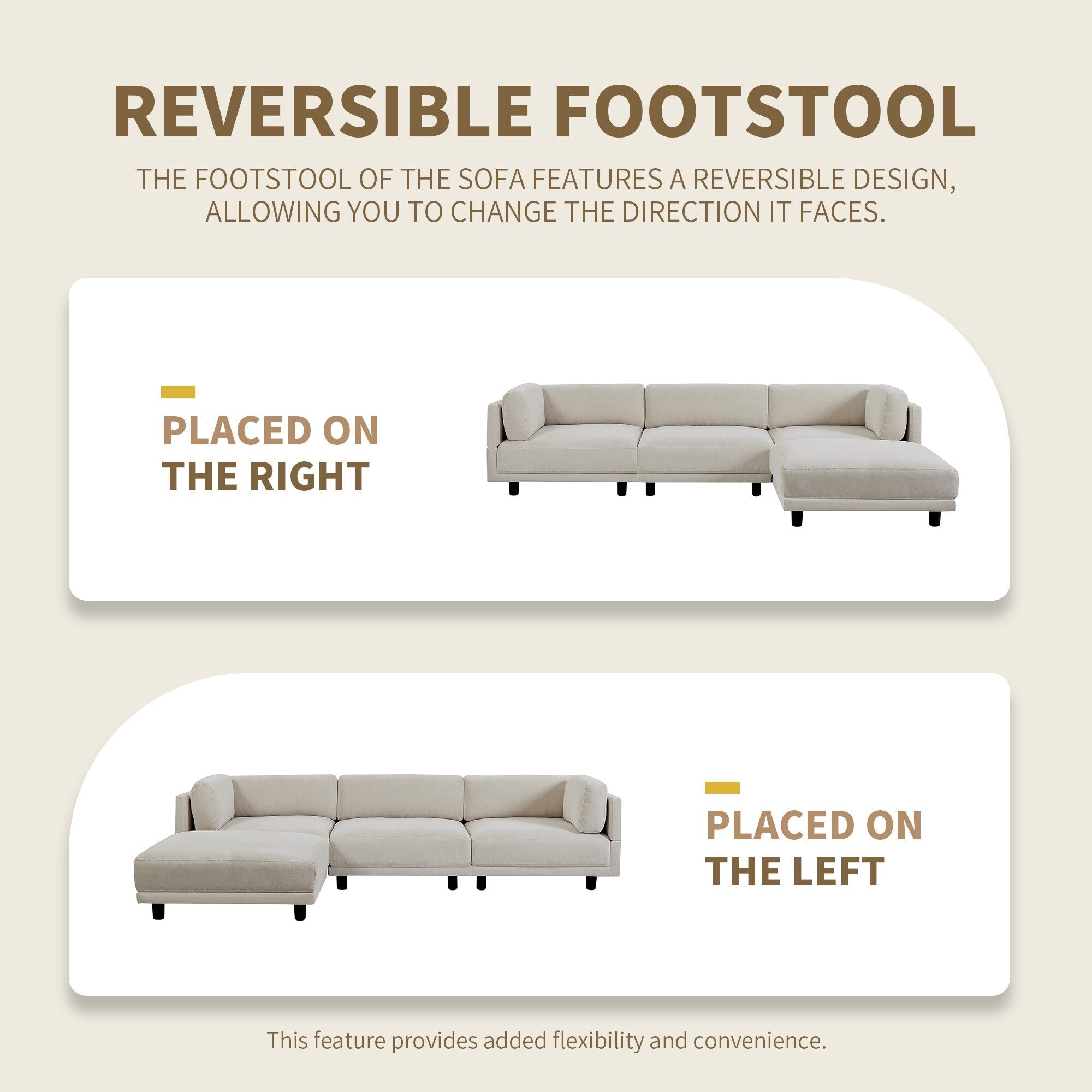 Canapé sectionnel beige en polyester en forme de L de 102,4 po avec repose-pieds réversible, coussins épais et pieds en plastique résistants