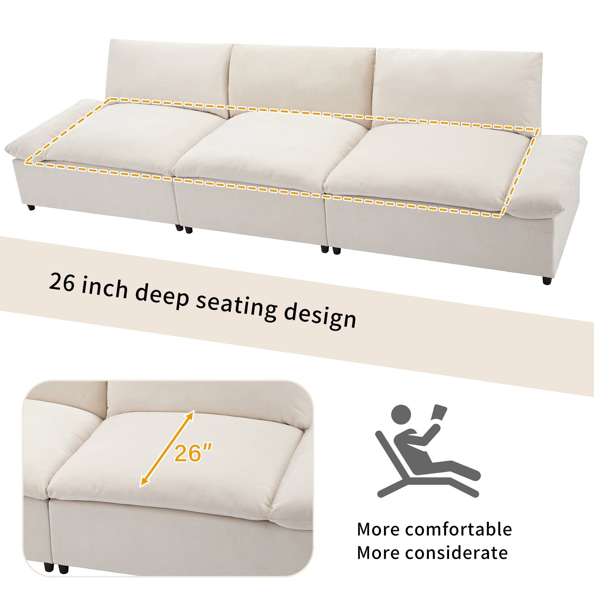 Canapé 3 places beige 119,5" en polyester avec 2 rangements et pieds en bois d'hévéa pour le salon