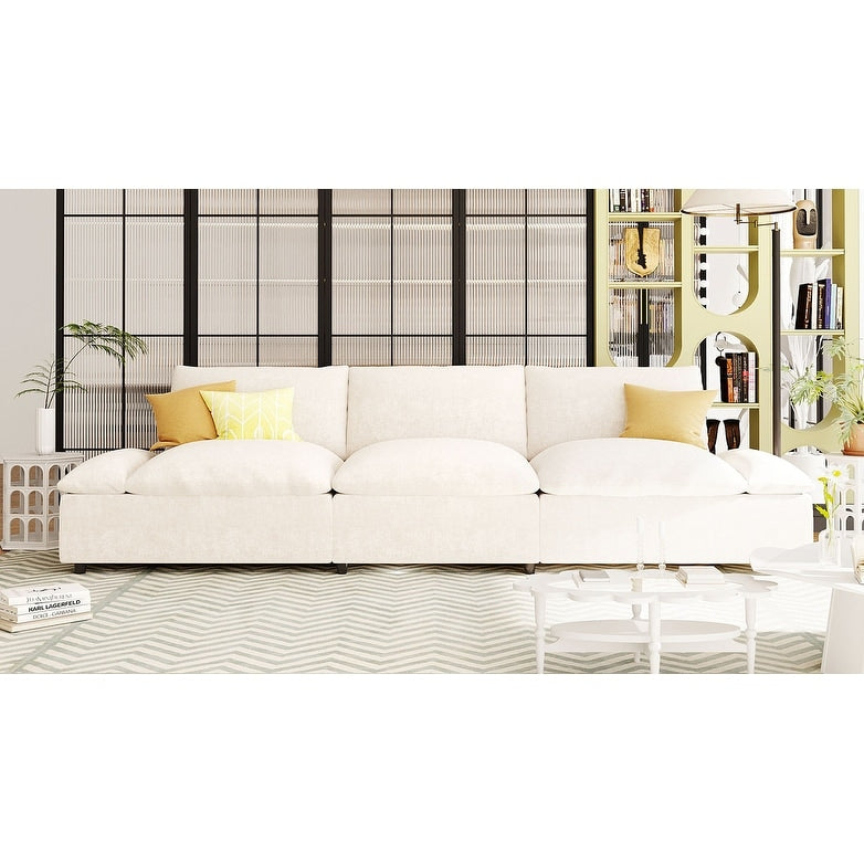 Canapé 3 places beige 119,5" en polyester avec 2 rangements et pieds en bois d'hévéa pour le salon