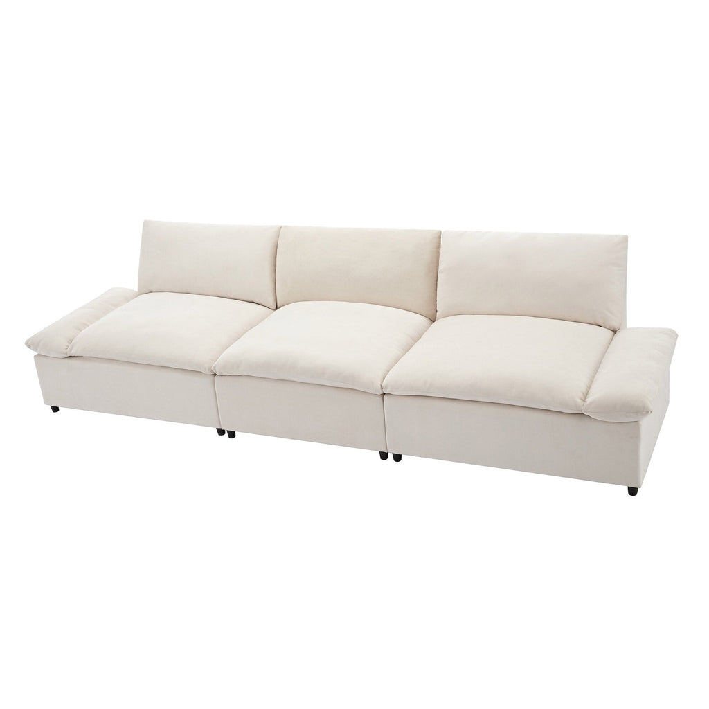 Canapé 3 places beige 119,5" en polyester avec 2 rangements et pieds en bois d'hévéa pour le salon