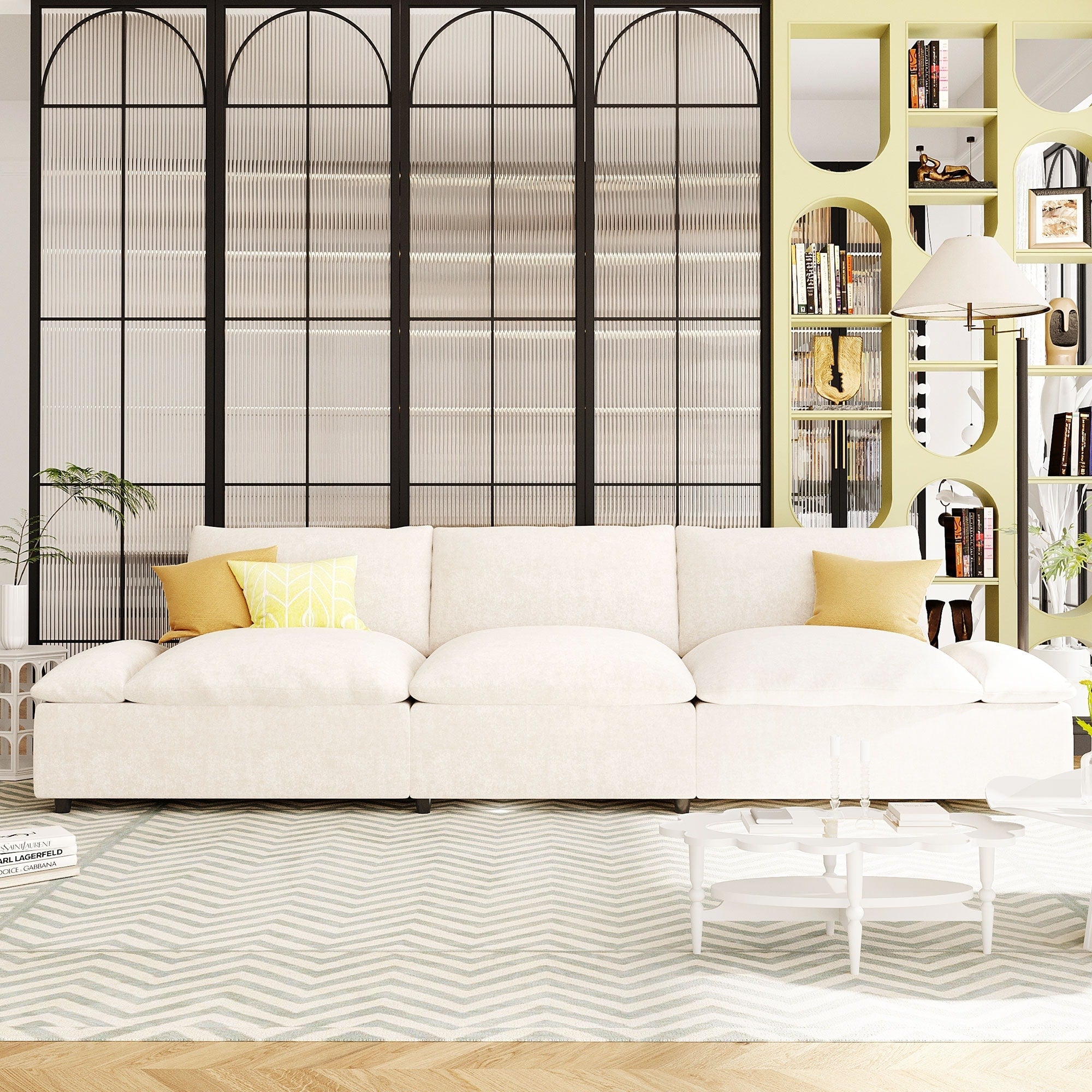 Canapé 3 places beige 119,5" en polyester avec 2 rangements et pieds en bois d'hévéa pour le salon