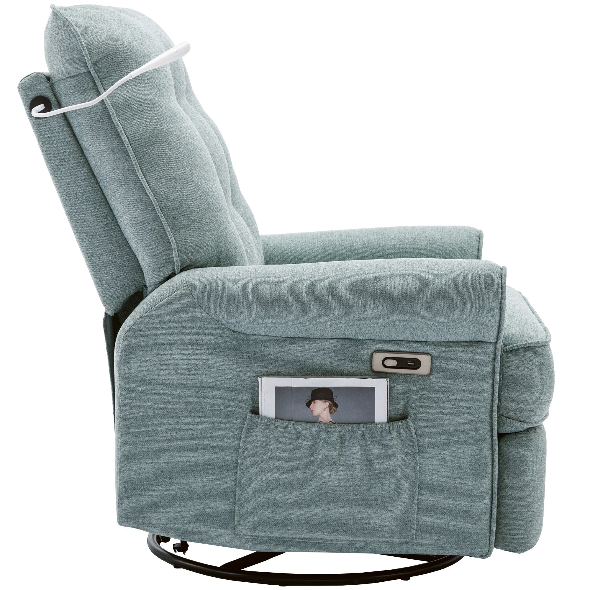 Fauteuil inclinable pivotant à 270° beige avec ports de chargement USB, lampe tactile, base à bascule et poche de rangement latérale