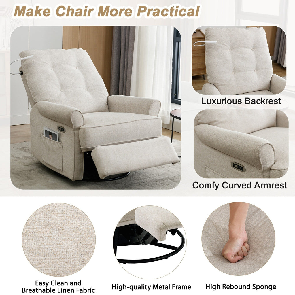 Fauteuil inclinable pivotant à 270° beige avec ports USB, base basculante, poche latérale et lampe tactile pour un usage domestique