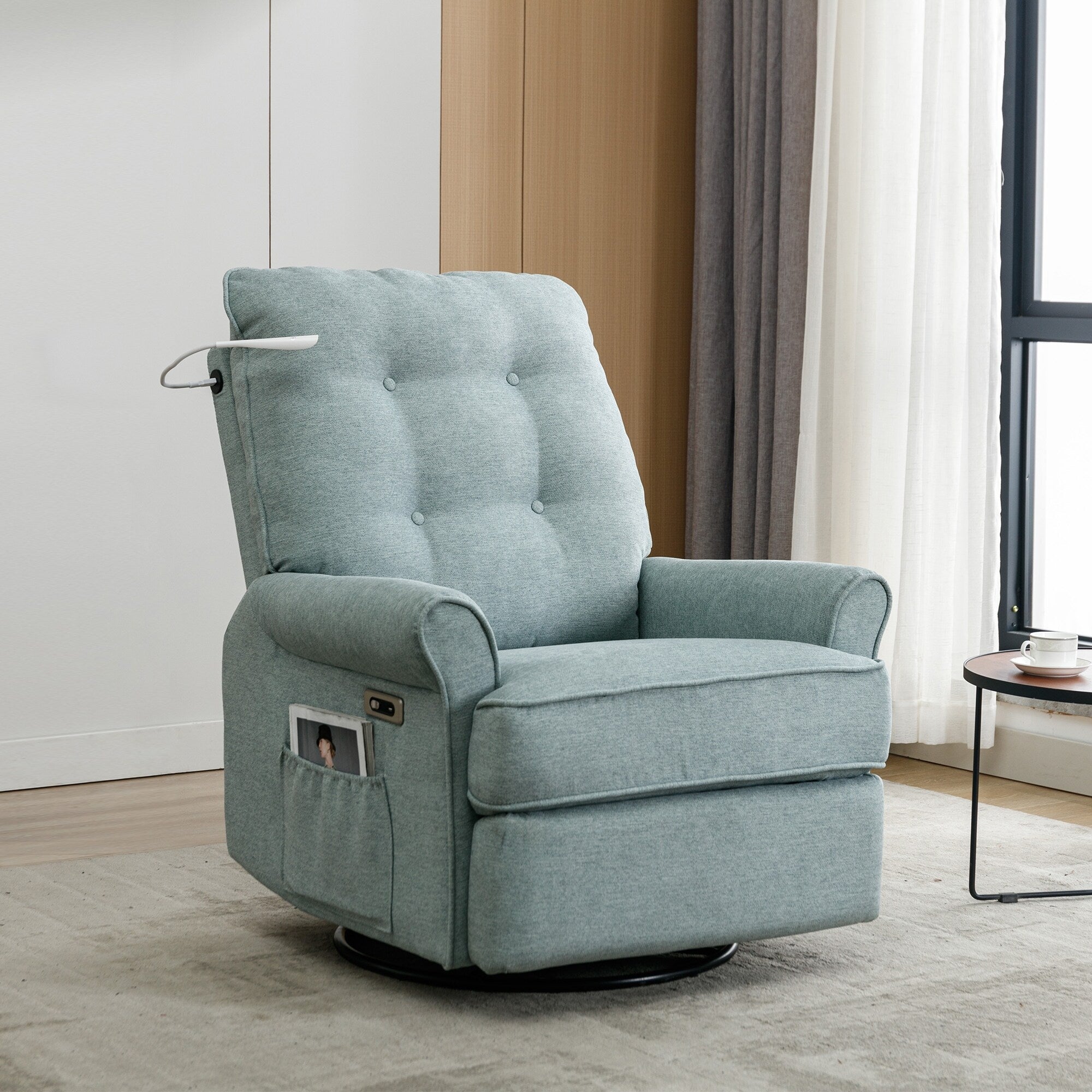 Fauteuil inclinable pivotant à 270° beige avec ports USB, base basculante, poche latérale et lampe tactile pour un usage domestique