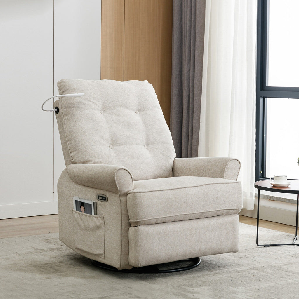 Fauteuil inclinable pivotant à 270° beige avec ports USB, base basculante, poche latérale et lampe tactile pour un usage domestique
