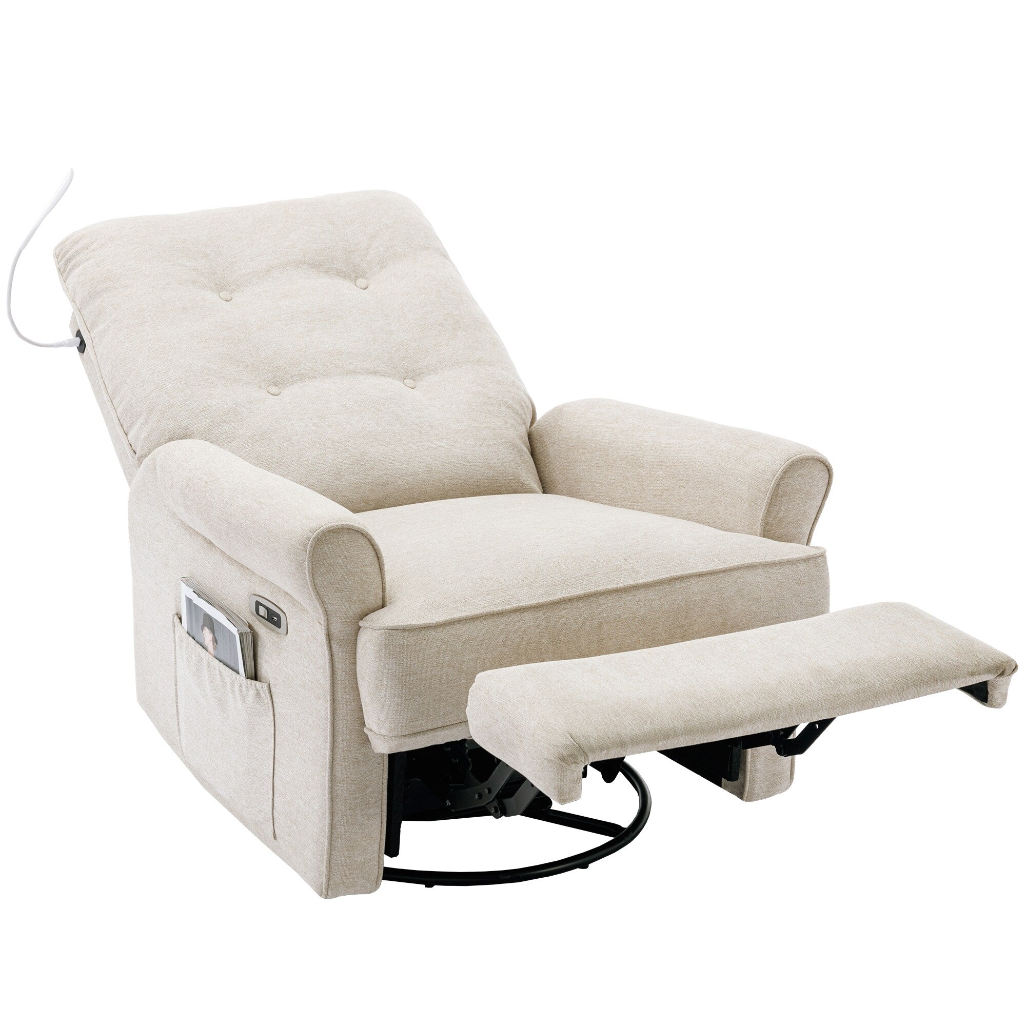 Fauteuil inclinable pivotant à 270° beige avec ports USB, base basculante, poche latérale et lampe tactile pour salon/chambre