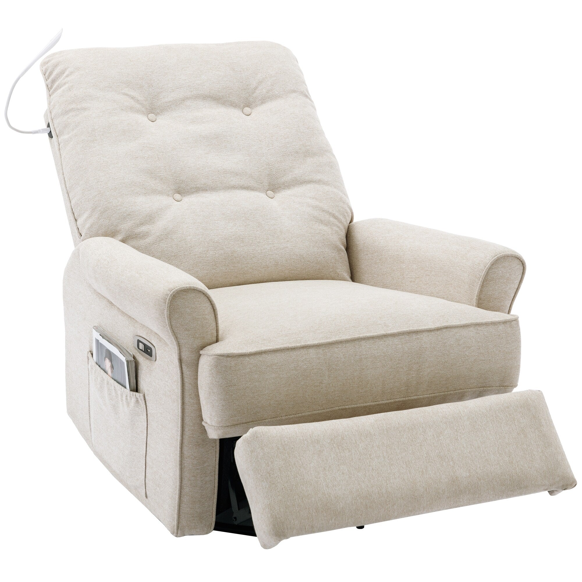 Fauteuil inclinable pivotant à 270° beige avec ports USB, base basculante, poche latérale et lampe tactile pour salon/chambre