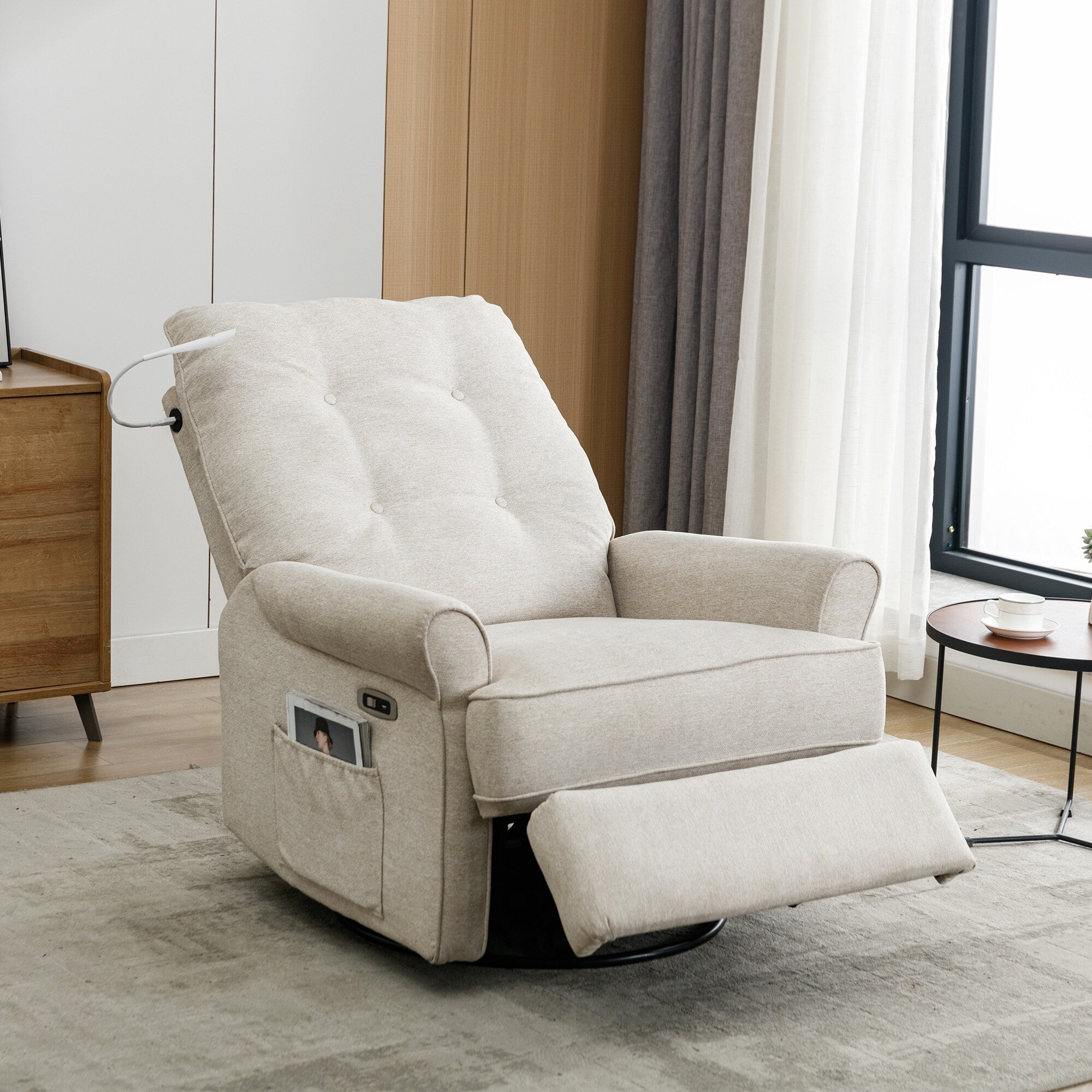 Fauteuil inclinable pivotant à 270° beige avec ports USB, base basculante, poche latérale et lampe tactile pour salon/chambre
