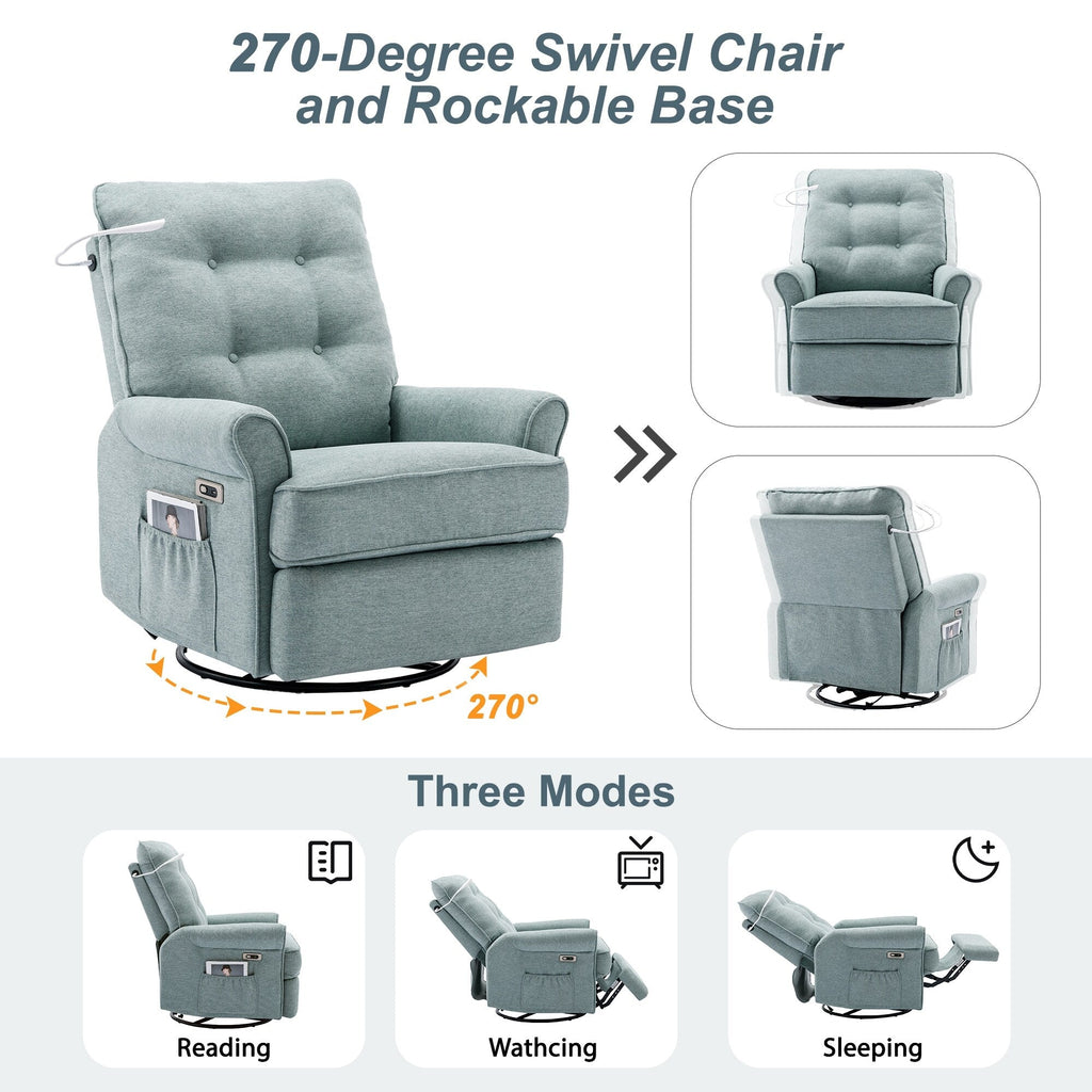 Fauteuil inclinable pivotant à 270° beige avec ports USB, base basculante, poche latérale et lampe tactile pour salon/chambre