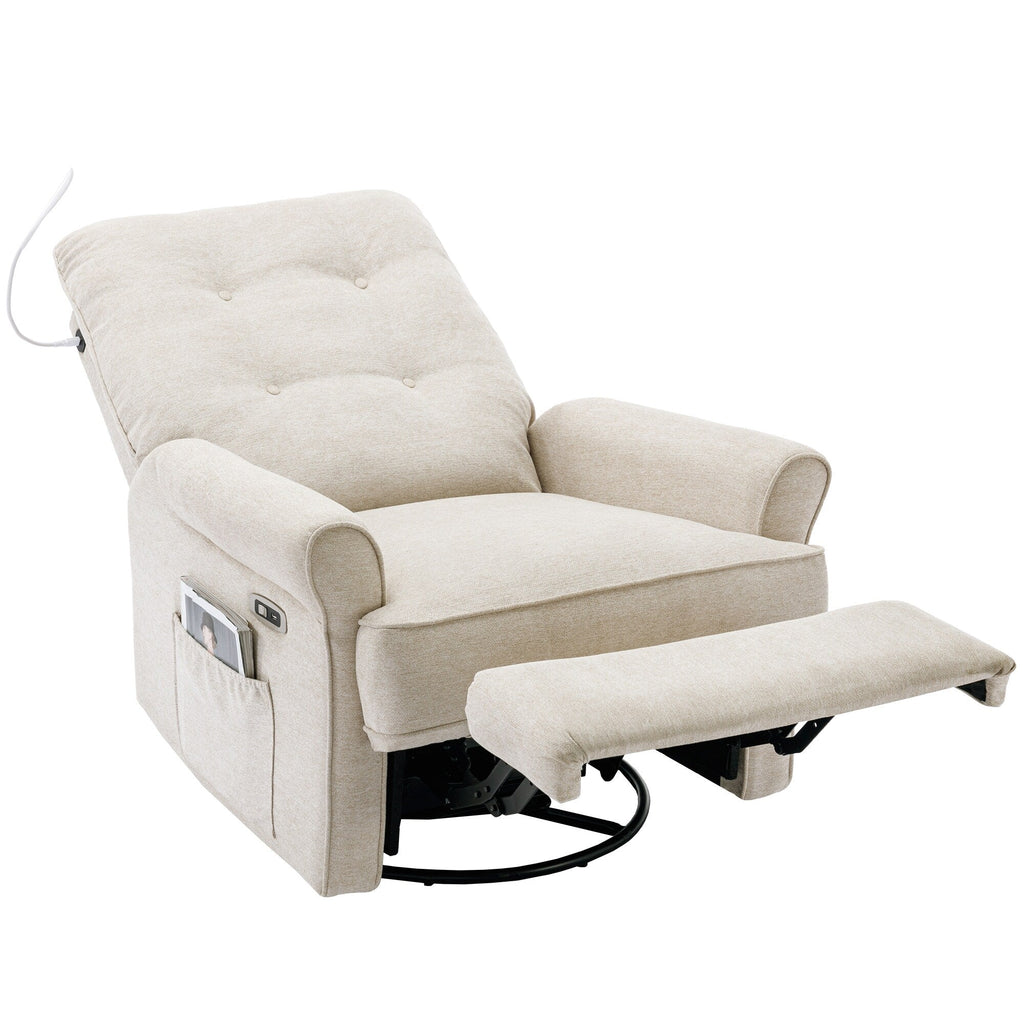 Fauteuil inclinable pivotant à 270° beige avec ports USB, base à bascule, poche latérale et lampe tactile pour un usage domestique