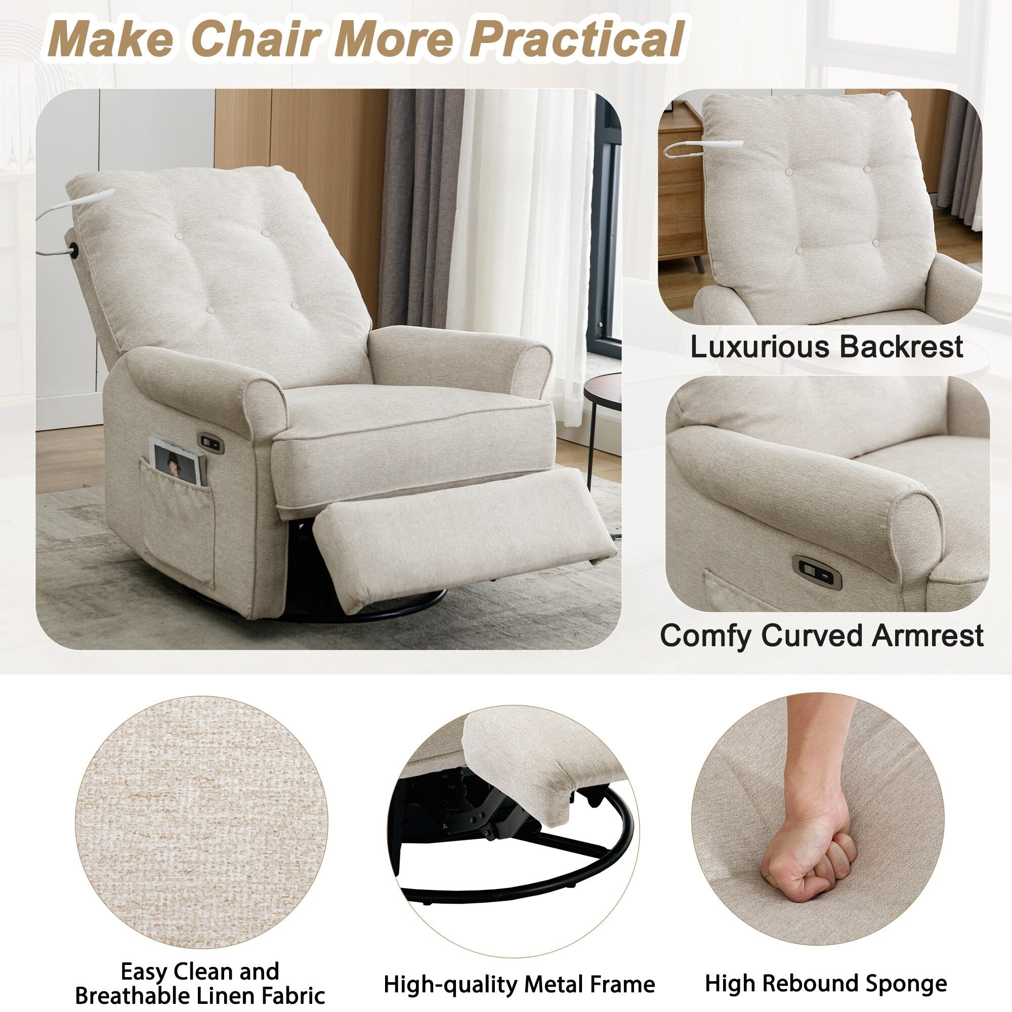 Fauteuil inclinable pivotant à 270° beige avec ports USB, base à bascule, poche latérale et lampe tactile pour un usage domestique