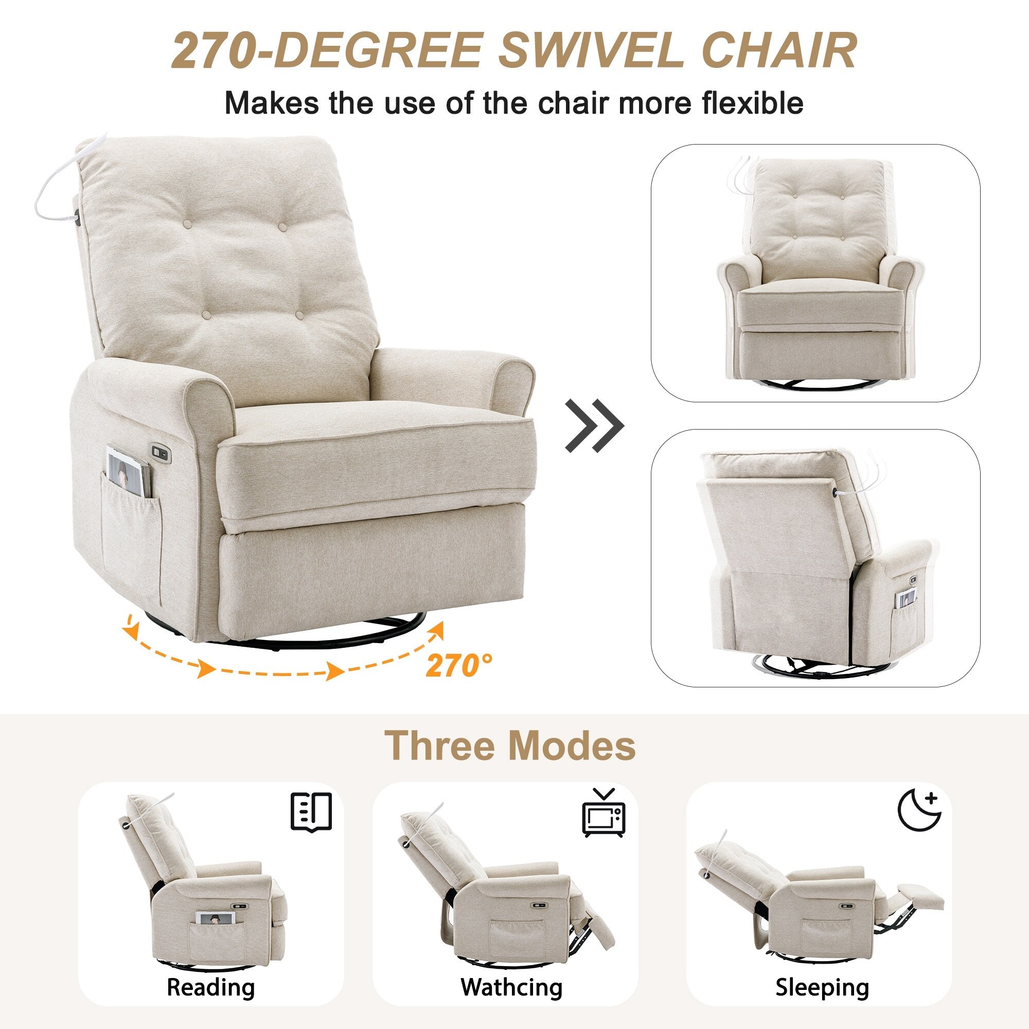 Fauteuil inclinable pivotant à 270° beige avec ports USB, base à bascule, poche latérale et lampe tactile pour un usage domestique