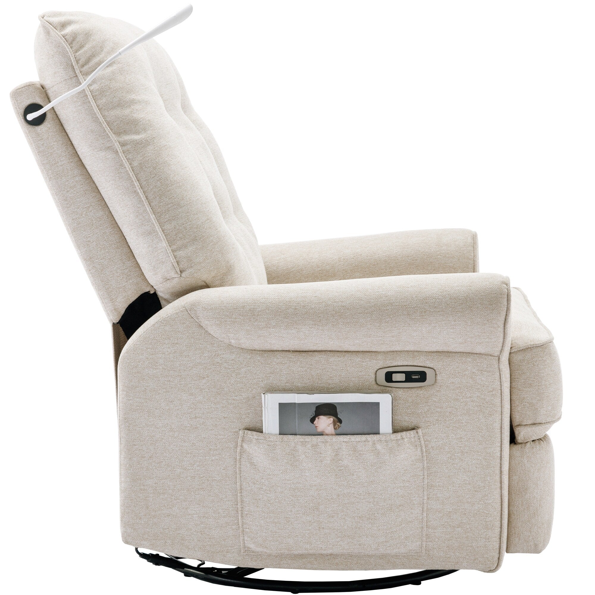 Fauteuil inclinable pivotant à 270° beige avec ports USB, base à bascule, poche latérale et lampe tactile pour un usage domestique