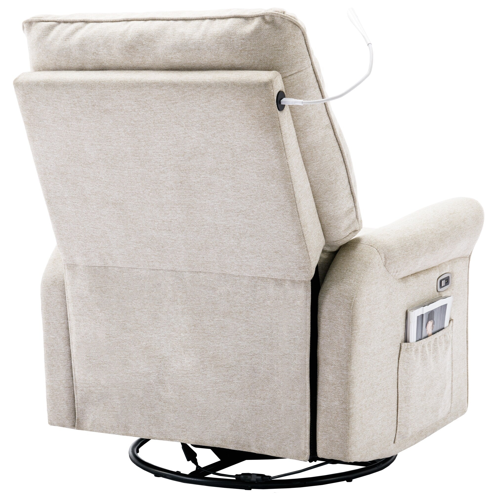 Fauteuil inclinable pivotant à 270° beige avec ports USB, base à bascule, poche latérale et lampe tactile pour un usage domestique