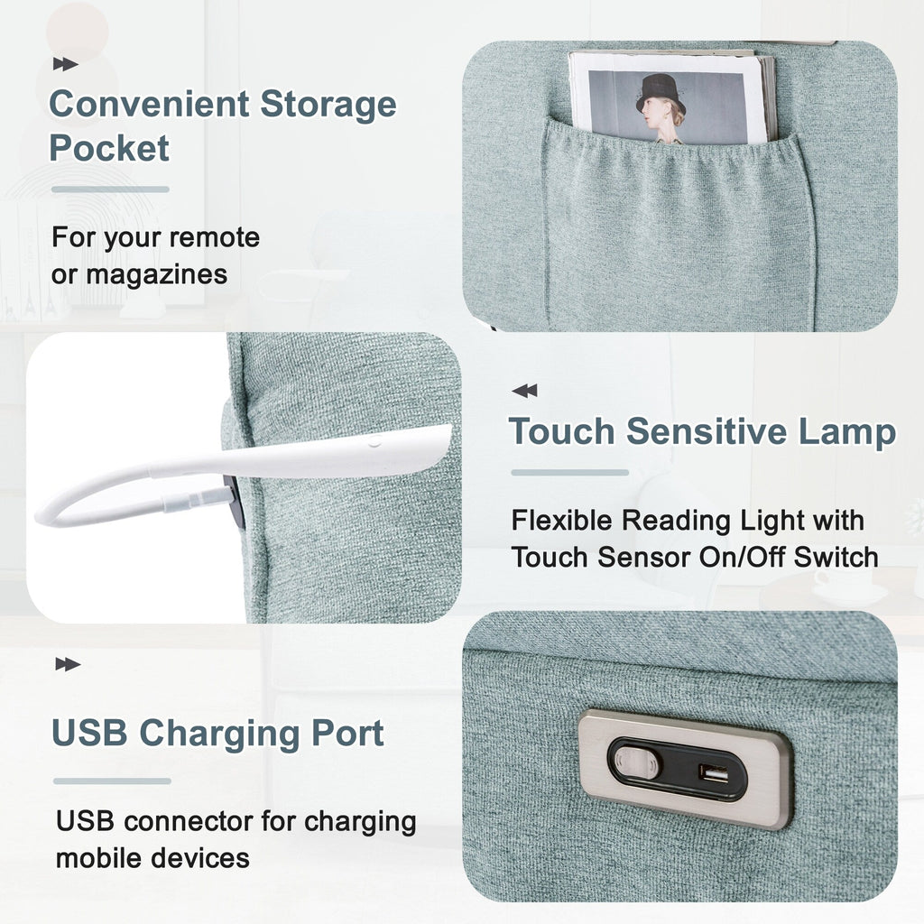 Fauteuil inclinable pivotant à 270° beige avec ports USB, base à bascule, poche latérale et lampe tactile pour un usage domestique