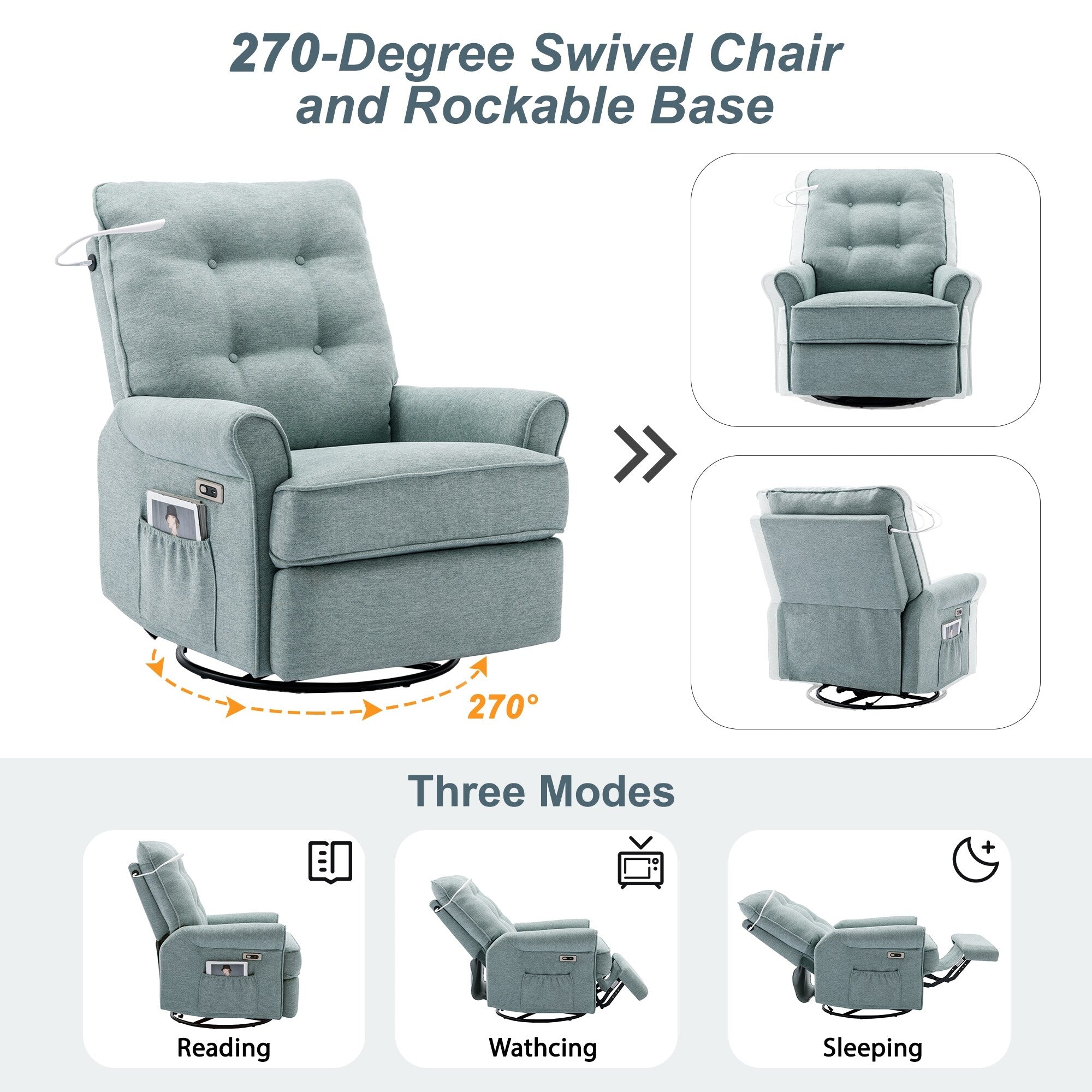 Fauteuil inclinable pivotant à 270° beige avec ports USB, lampe tactile, poche de rangement latérale et base à bascule