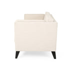 Canapé 3 places beige avec pieds en bois de bouleau et coussins latéraux