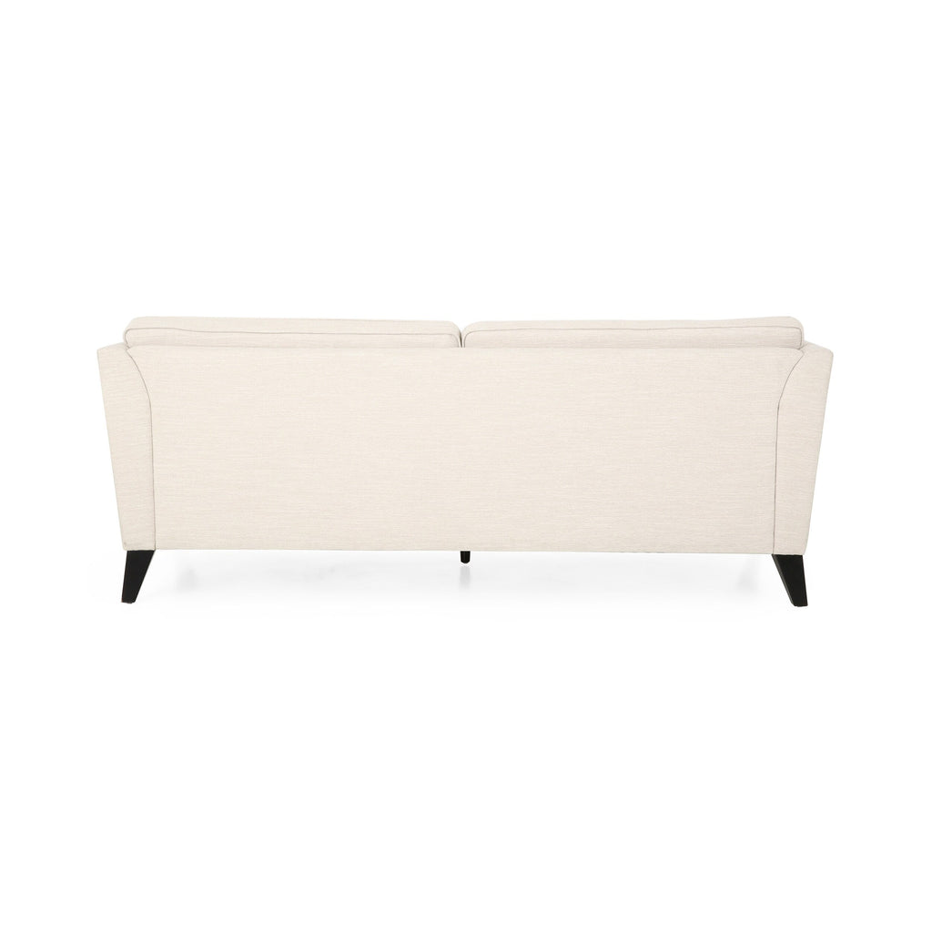 Canapé 3 places beige avec pieds en bois de bouleau et coussins latéraux