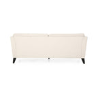 Canapé 3 places beige avec pieds en bois de bouleau et coussins latéraux