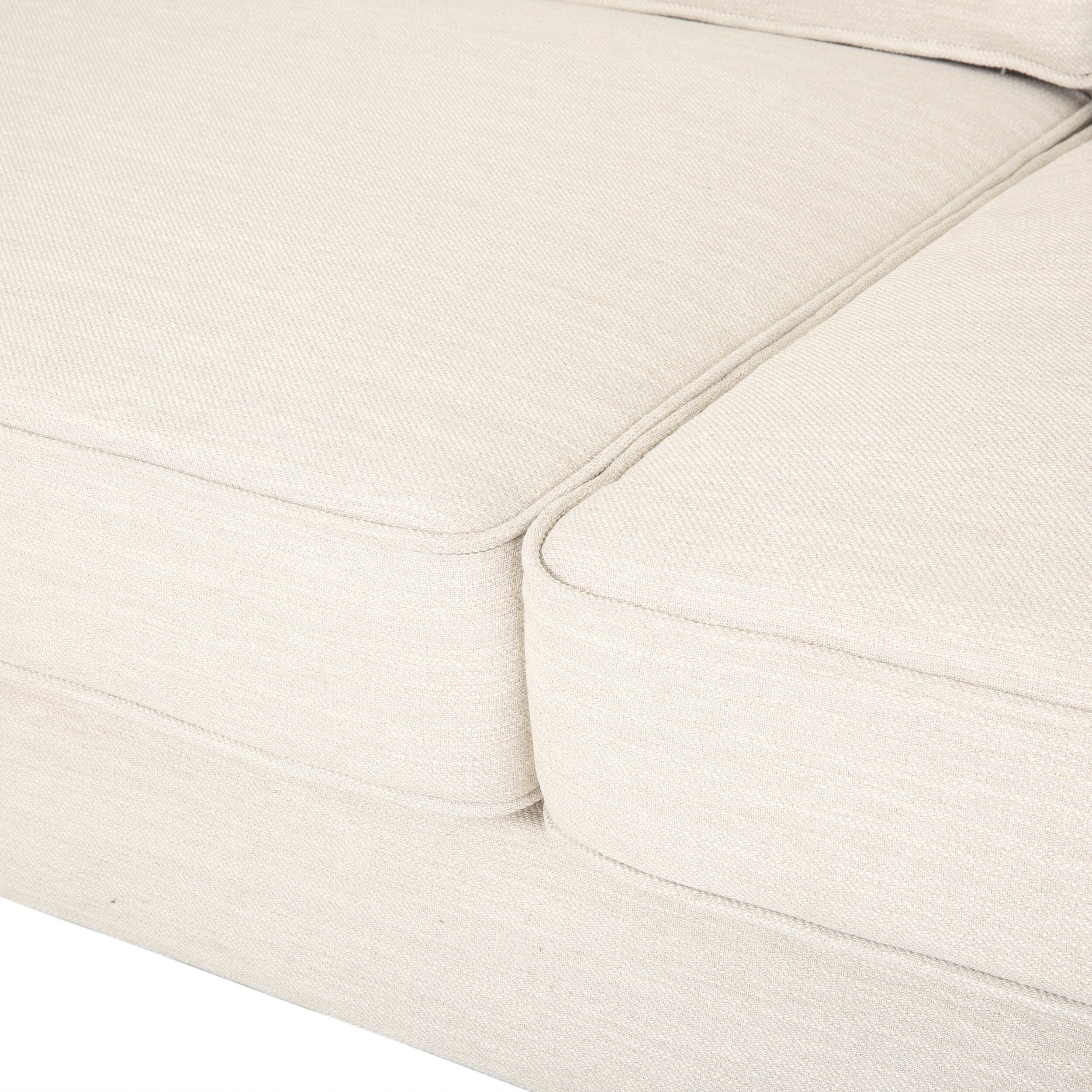 Canapé 3 places beige avec pieds en bois de bouleau et coussins latéraux