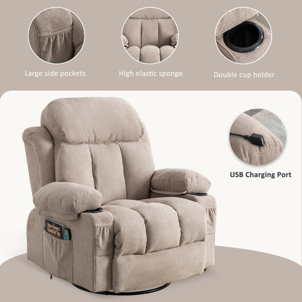 Fauteuil inclinable beige pivotant à 360 degrés avec massage et chauffage, chargement USB, 2 porte-gobelets, grandes poches latérales