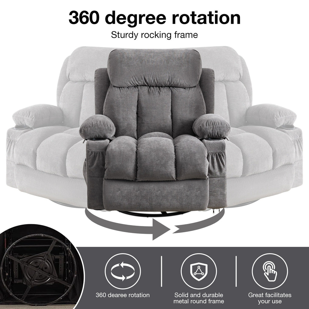 Fauteuil inclinable pivotant à 360 degrés beige avec massage et chauffage, chargement USB, deux porte-gobelets et grandes poches latérales