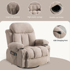 Fauteuil inclinable pivotant à 360° beige avec massage, chauffage, port USB et porte-gobelets