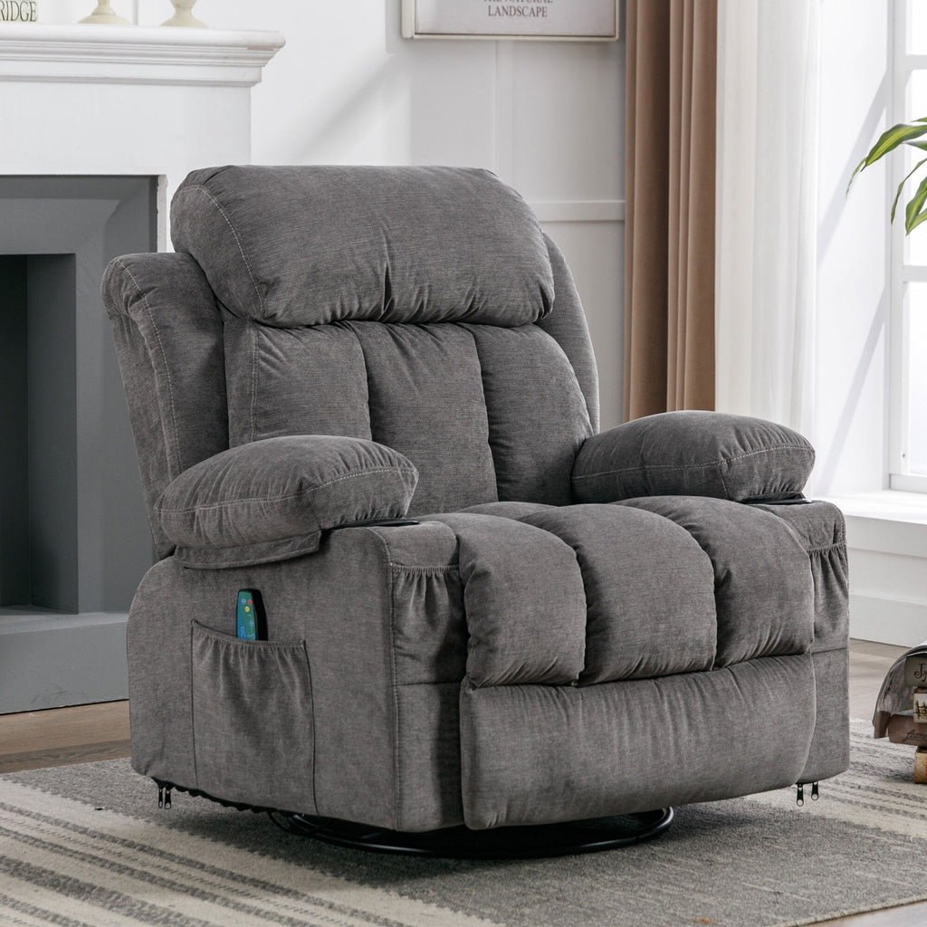 Fauteuil inclinable pivotant à 360° beige avec massage, chauffage, port USB et porte-gobelets