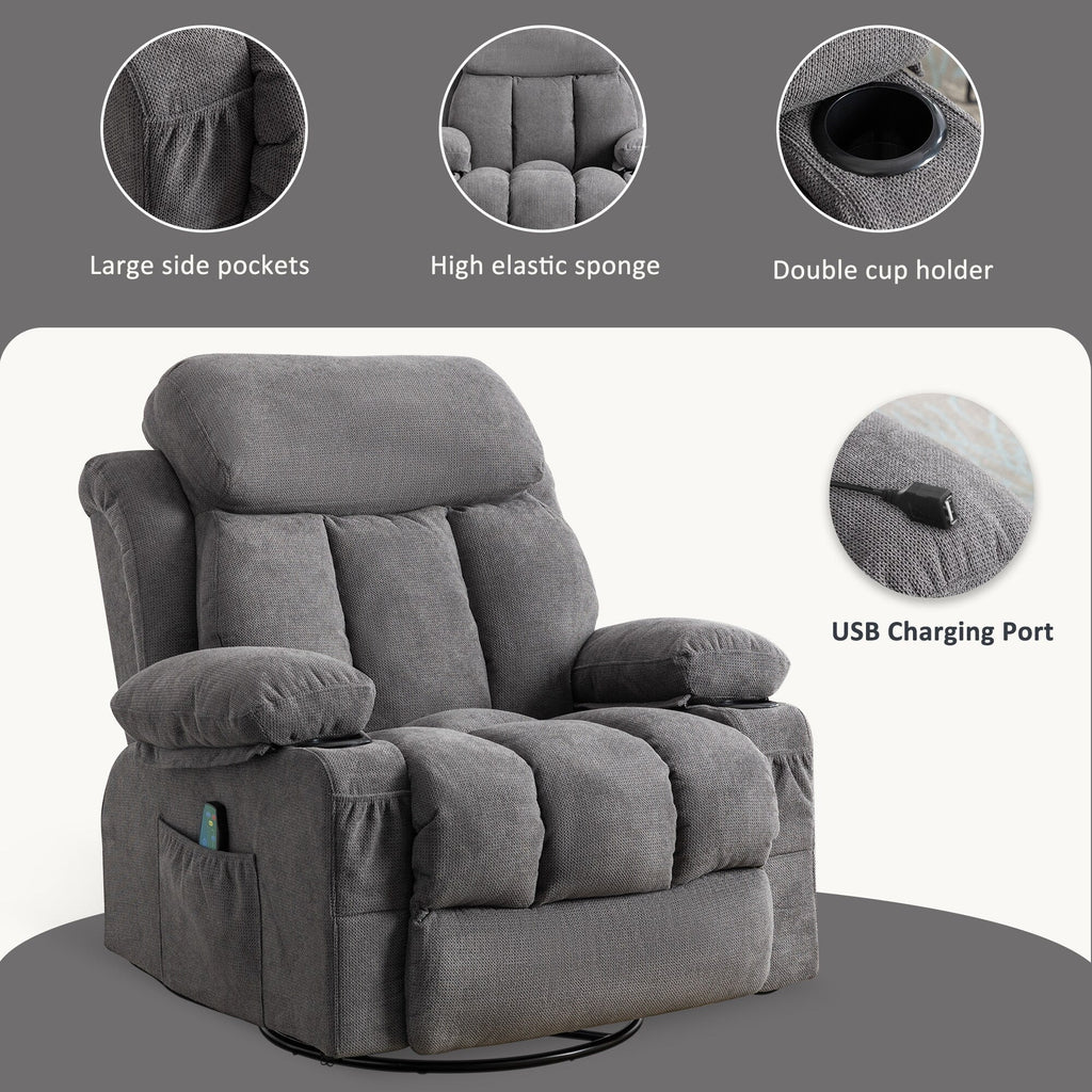 Fauteuil inclinable pivotant à 360° beige avec massage, chauffage, port USB et porte-gobelets