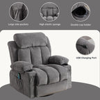 Fauteuil inclinable pivotant à 360° beige avec massage et chauffage, chargement USB, deux porte-gobelets et grandes poches latérales